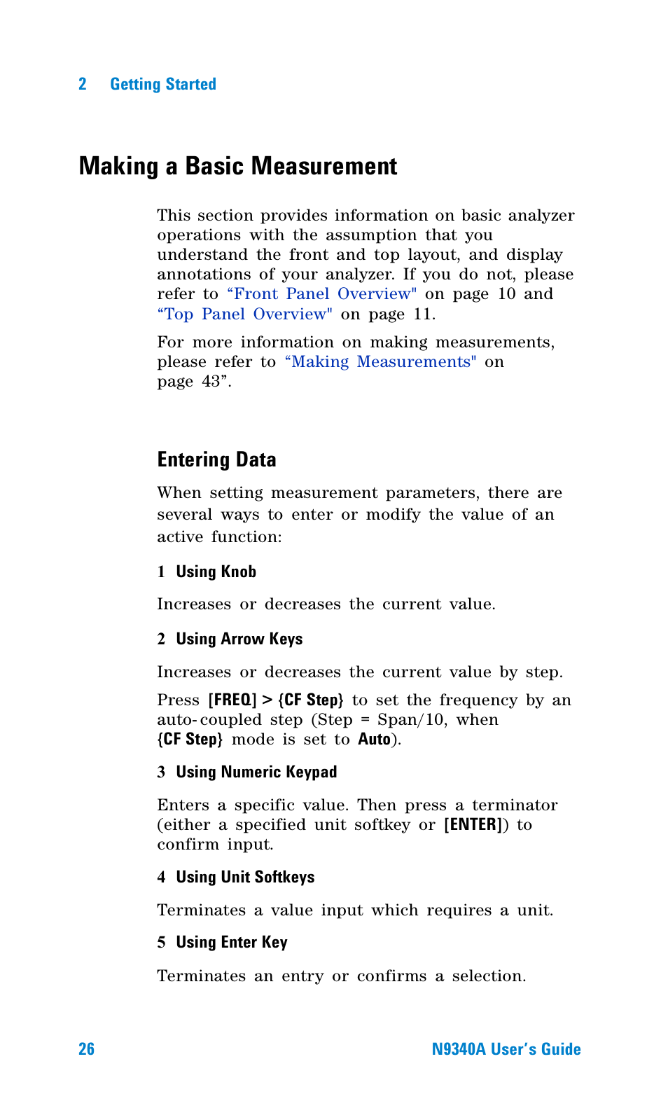 Making a basic measurement, Entering data | Agilent Technologies N9340A User Manual | Page 28 / 161
