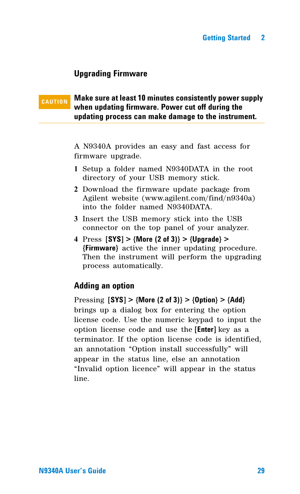 Upgrading firmware, Adding an option | Agilent Technologies N9340A User Manual | Page 31 / 161