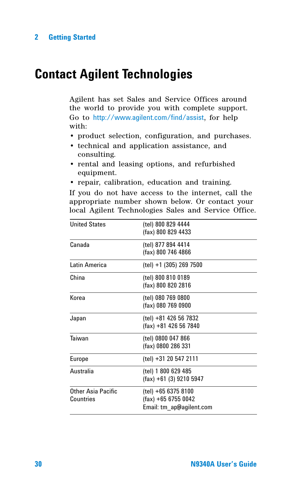 Contact agilent technologies | Agilent Technologies N9340A User Manual | Page 32 / 161