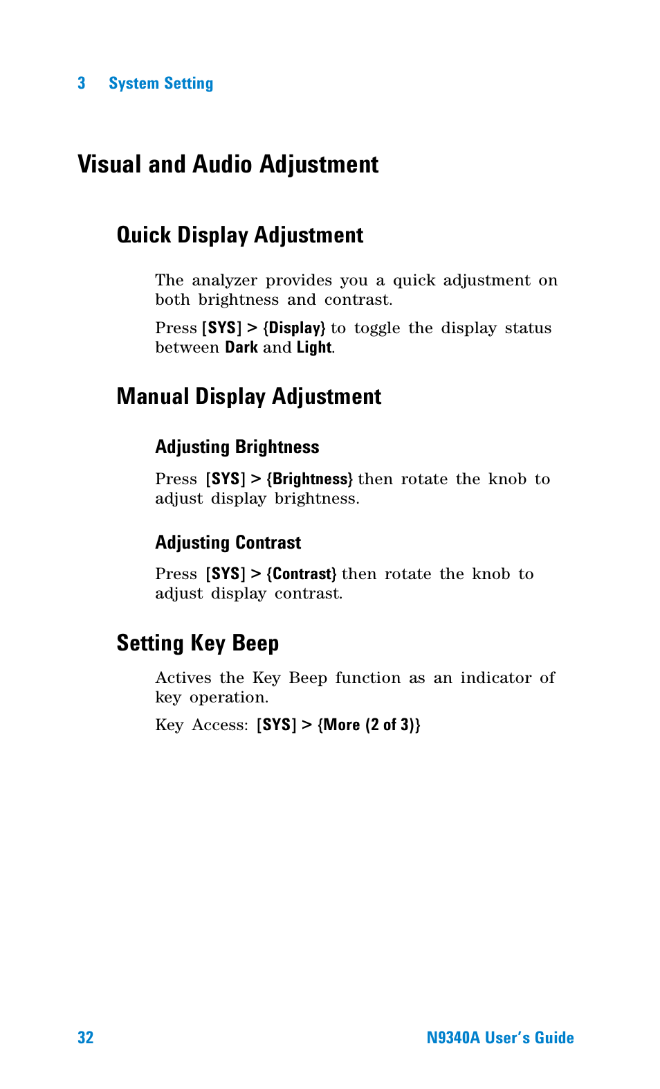 Visual and audio adjustment, Quick display adjustment, Manual display adjustment | Setting key beep | Agilent Technologies N9340A User Manual | Page 34 / 161