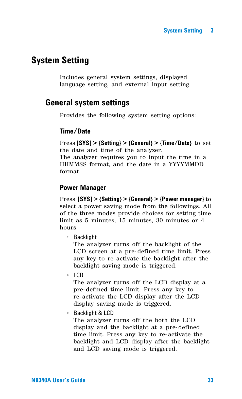 System setting, General system settings | Agilent Technologies N9340A User Manual | Page 35 / 161