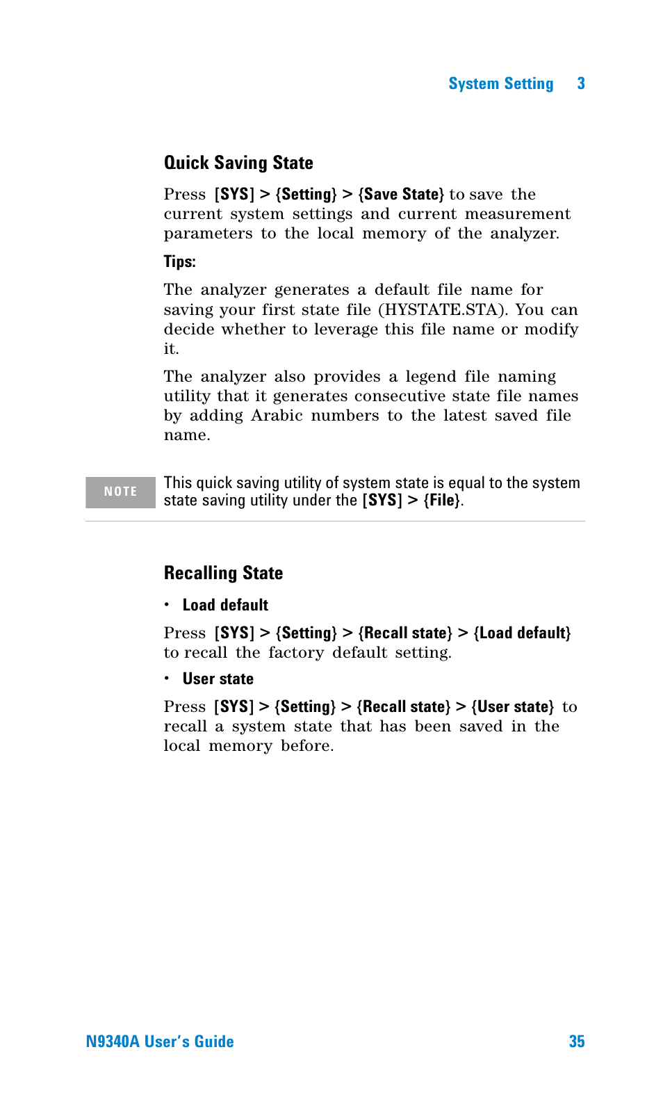 Quick saving state, Recalling state | Agilent Technologies N9340A User Manual | Page 37 / 161