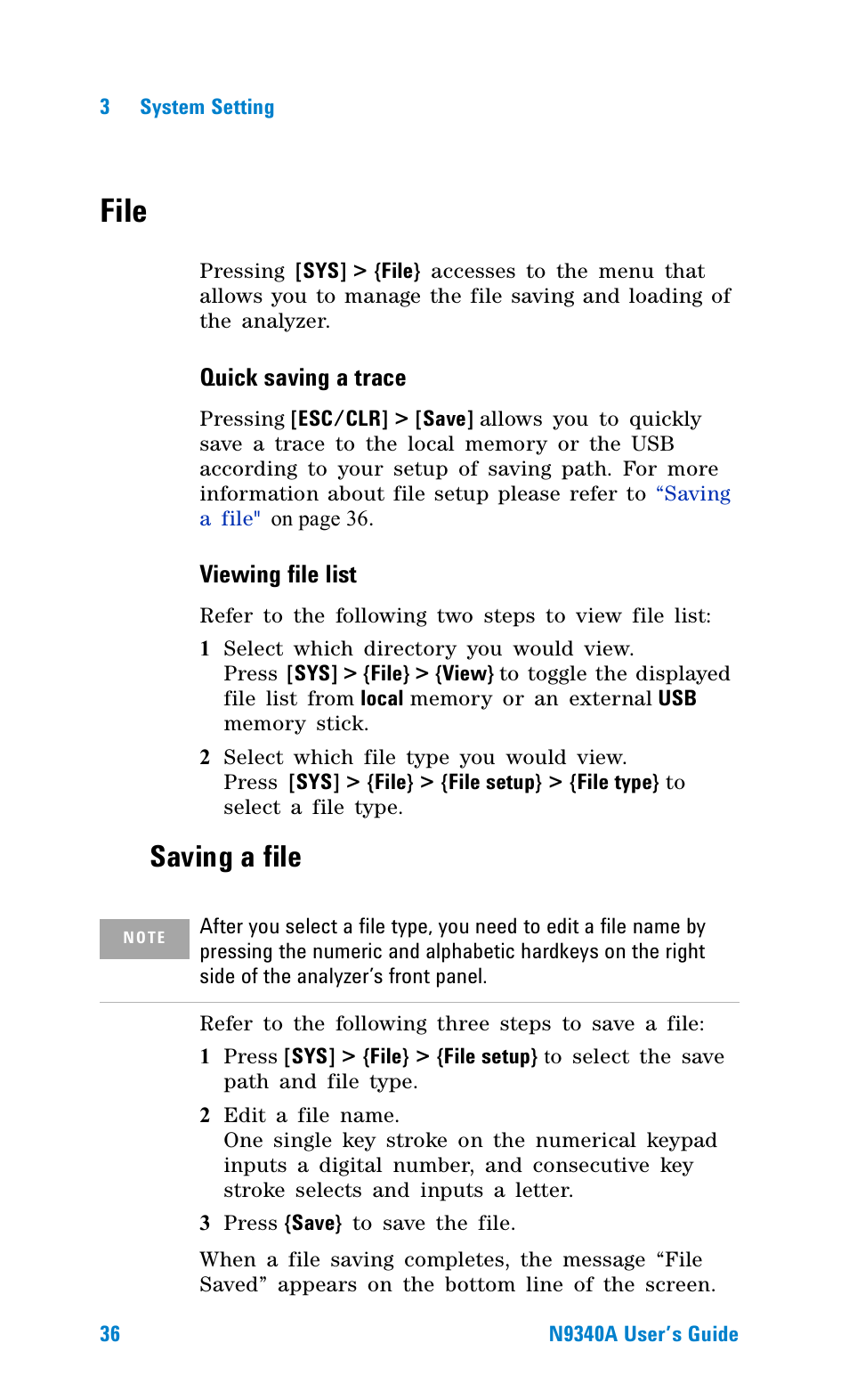 File, Saving a file | Agilent Technologies N9340A User Manual | Page 38 / 161
