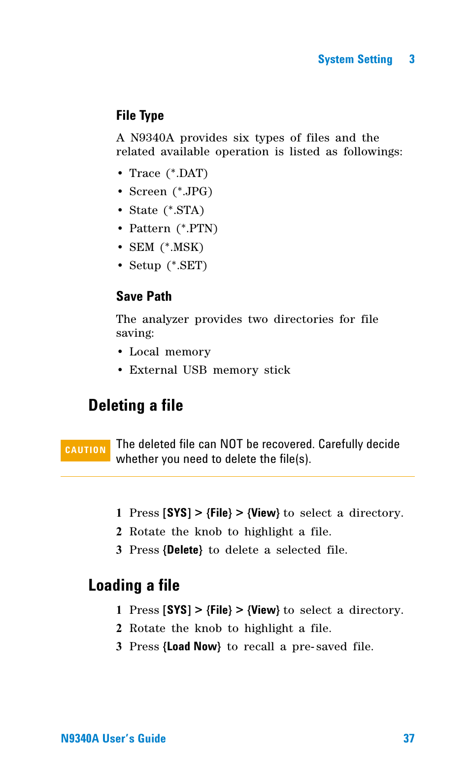 Deleting a file, Loading a file, File type | Save path | Agilent Technologies N9340A User Manual | Page 39 / 161