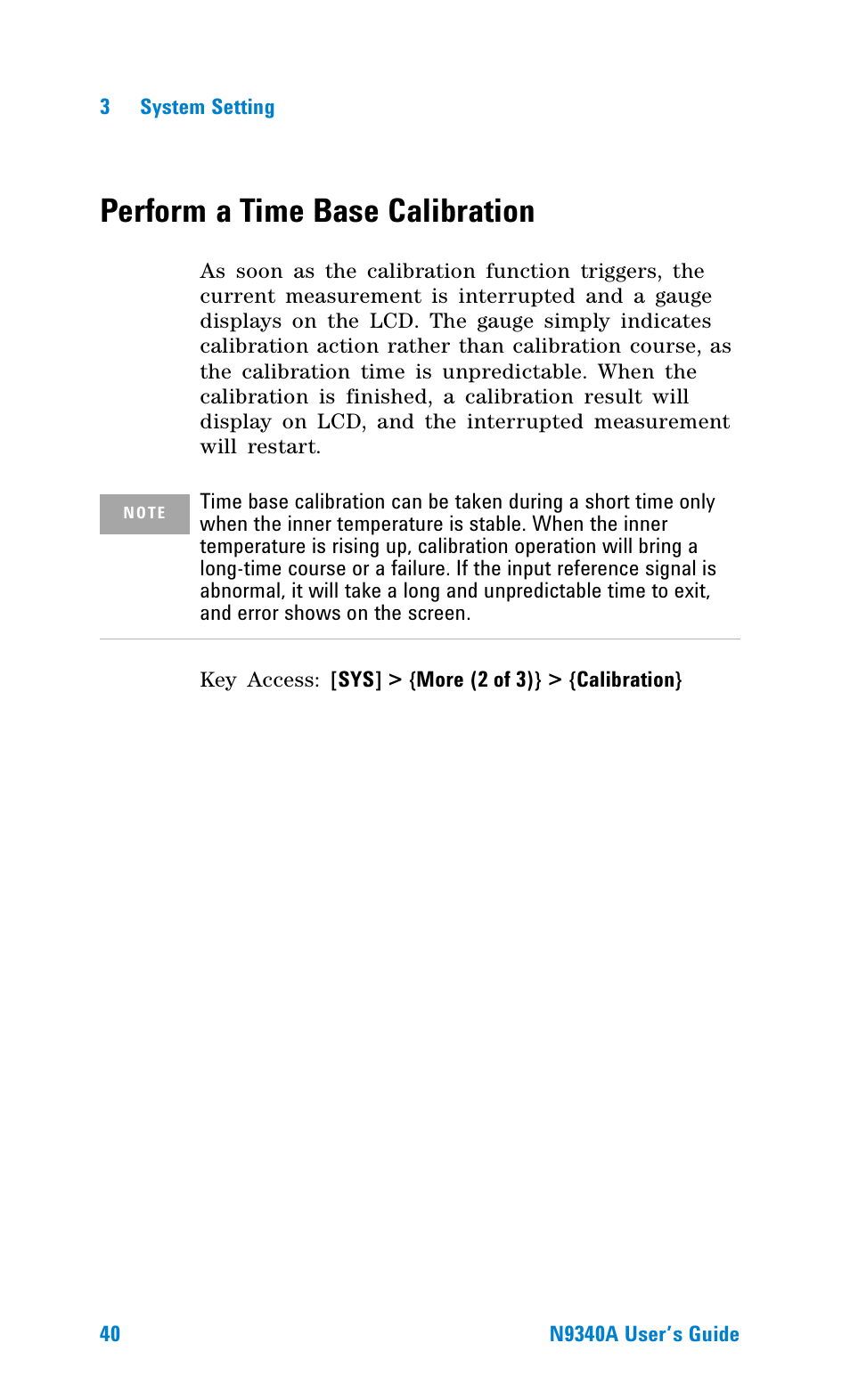 Perform a time base calibration | Agilent Technologies N9340A User Manual | Page 42 / 161