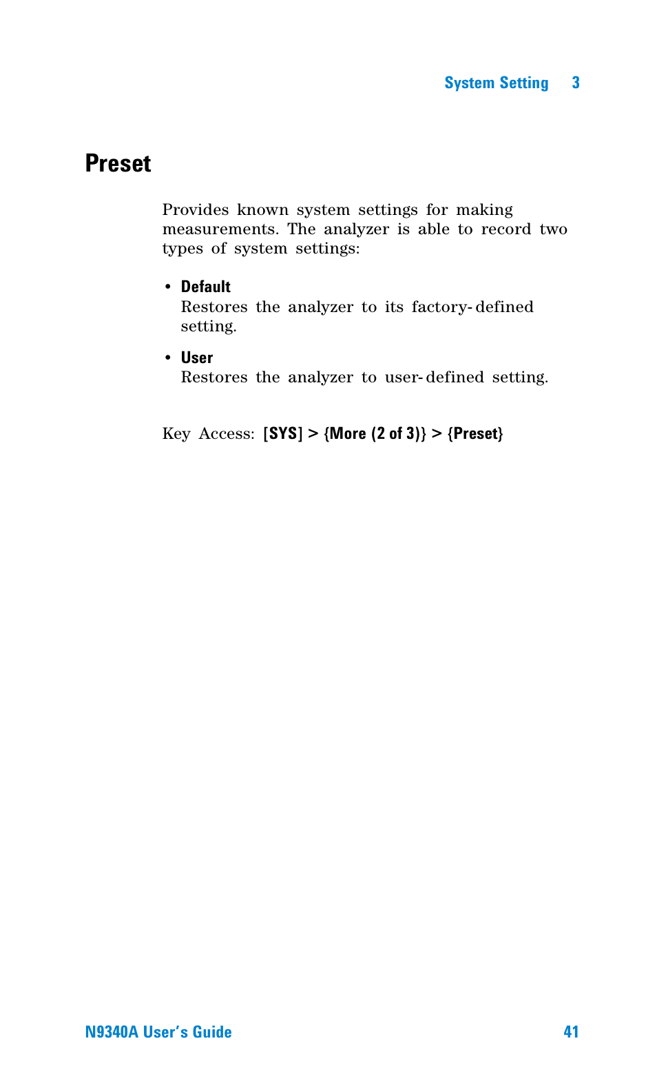 Preset | Agilent Technologies N9340A User Manual | Page 43 / 161