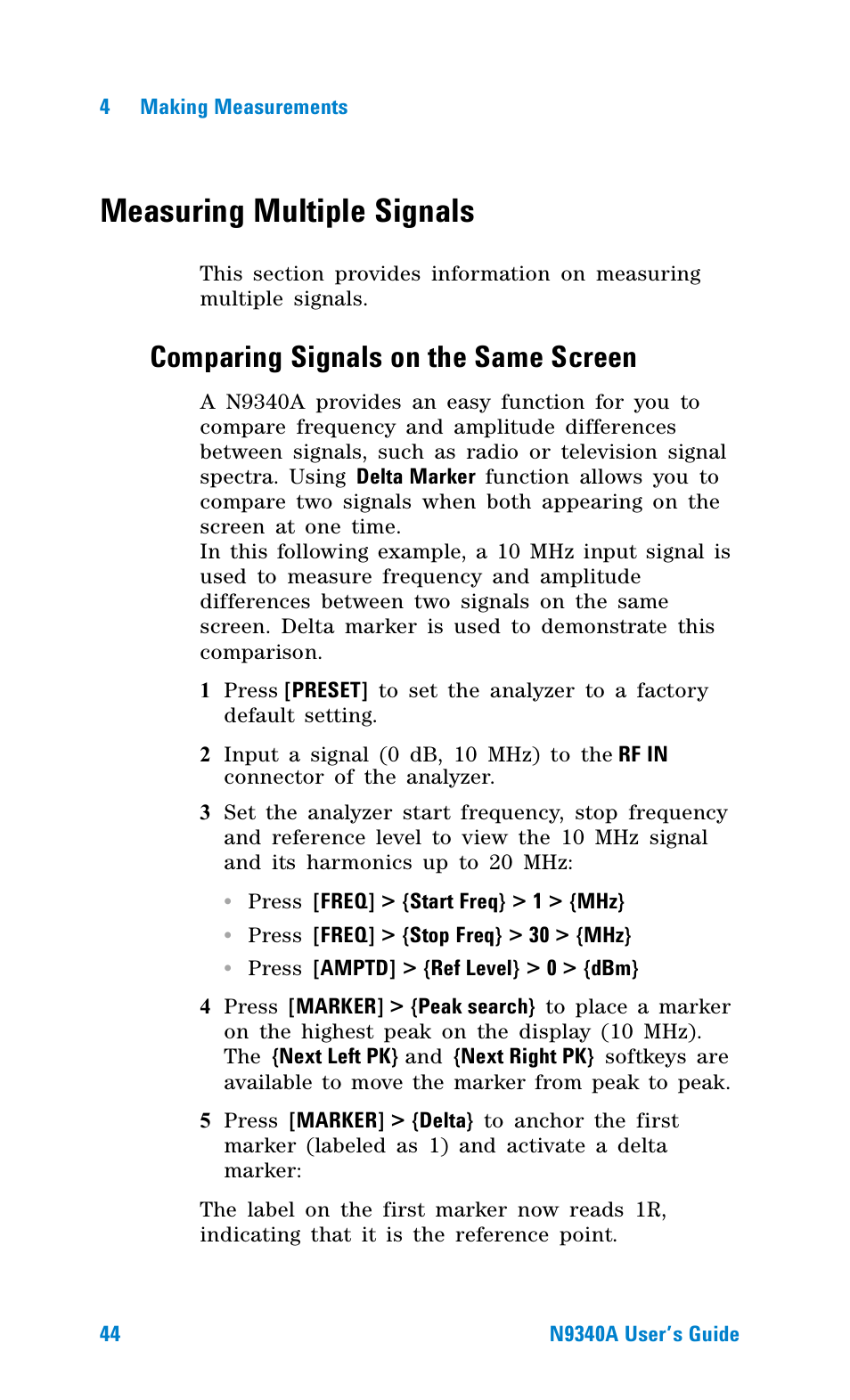 Measuring multiple signals, Comparing signals on the same screen | Agilent Technologies N9340A User Manual | Page 46 / 161