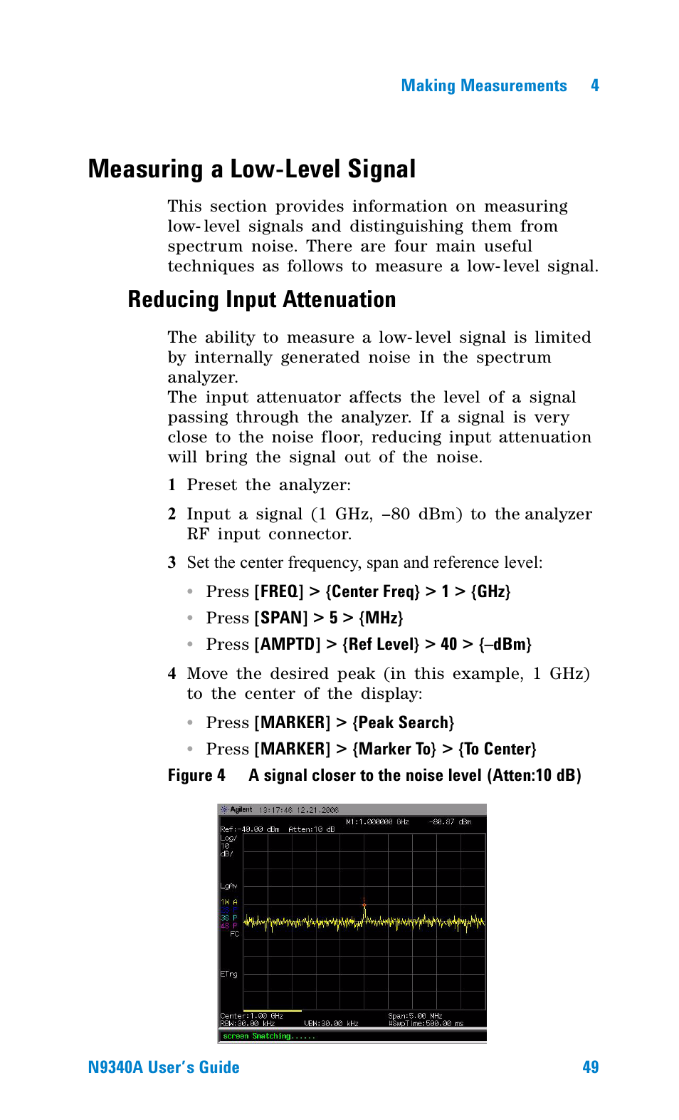 Measuring a low-level signal, Reducing input attenuation | Agilent Technologies N9340A User Manual | Page 51 / 161