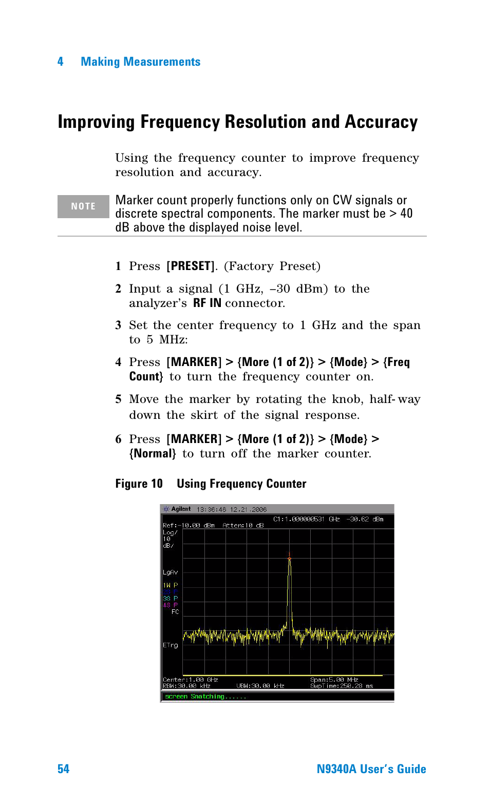 Improving frequency resolution and accuracy, Figure 10 using frequency counter, Figure 10. using frequency counter | Improving frequency resolution and, Accuracy | Agilent Technologies N9340A User Manual | Page 56 / 161