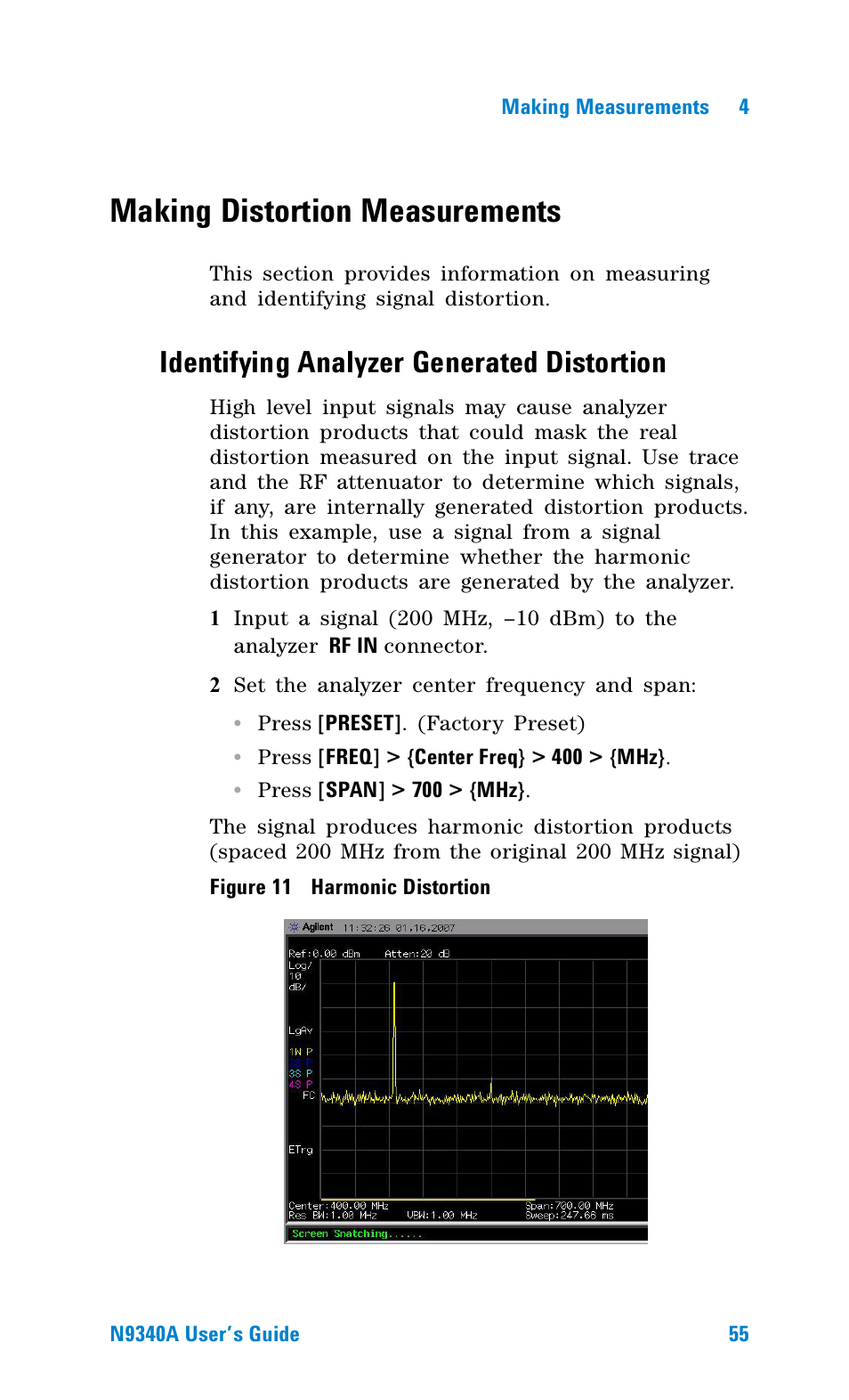 Making distortion measurements, Identifying analyzer generated distortion, Figure 11 harmonic distortion | Figure 11. harmonic distortion | Agilent Technologies N9340A User Manual | Page 57 / 161