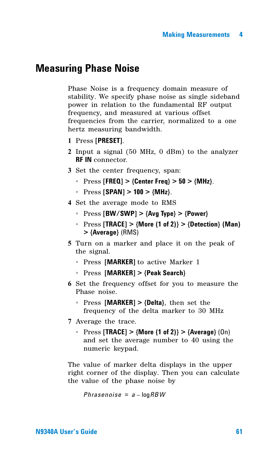 Measuring phase noise | Agilent Technologies N9340A User Manual | Page 63 / 161