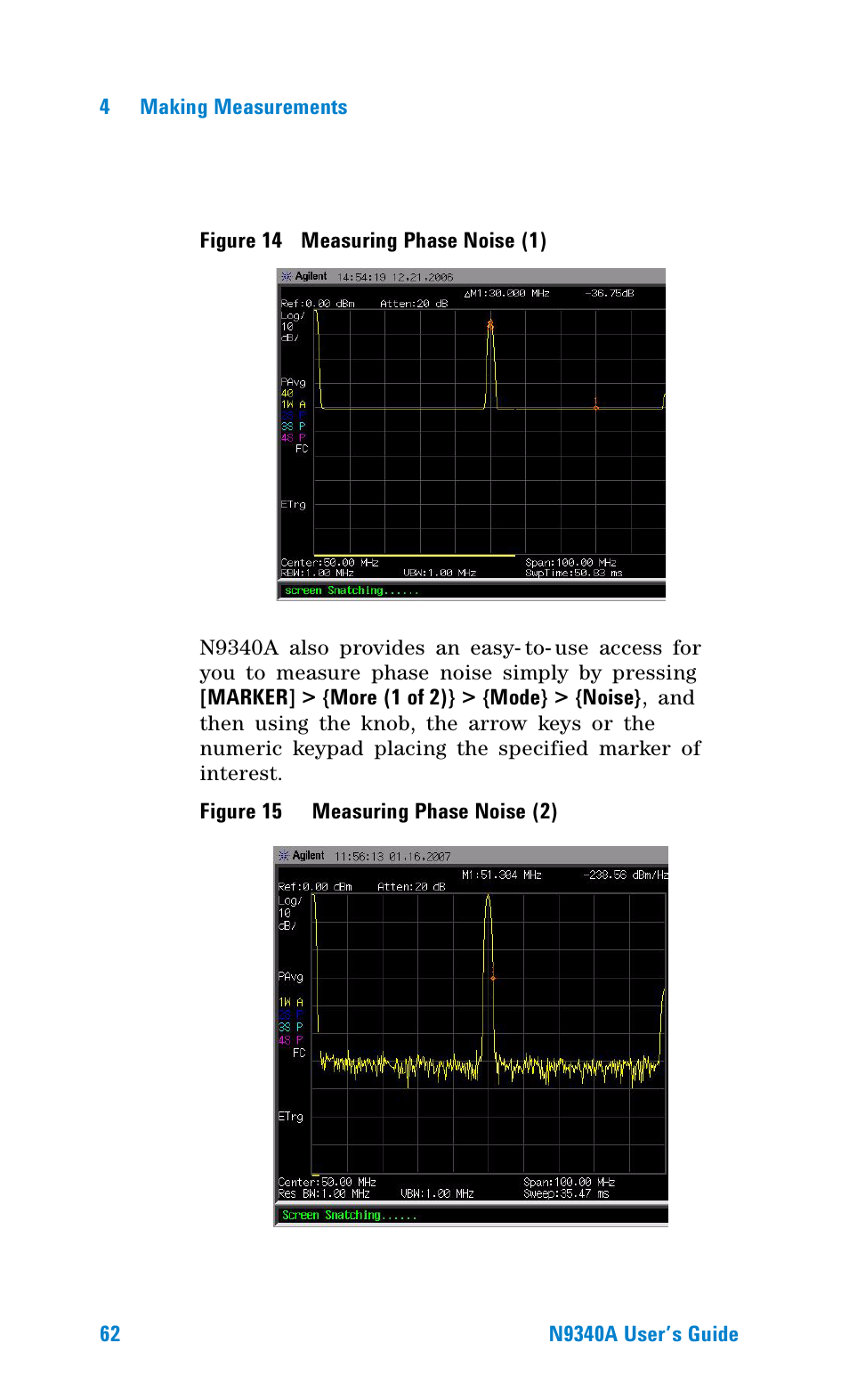 Figure 14 measuring phase noise (1), Figure 15 measuring phase noise (2), Figure 14. measuring phase noise (1) | Figure 15. measuring phase noise (2) | Agilent Technologies N9340A User Manual | Page 64 / 161