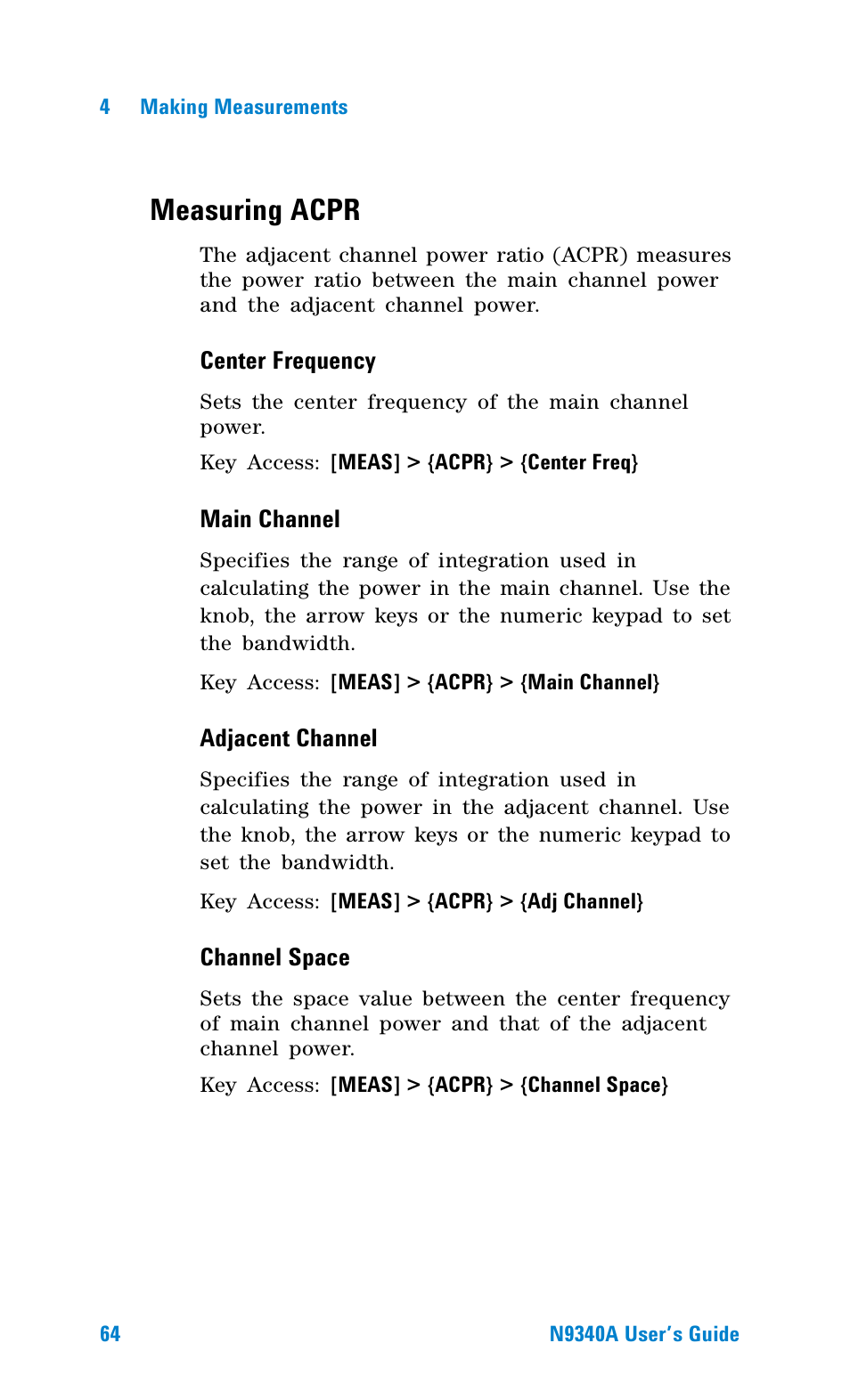 Measuring acpr | Agilent Technologies N9340A User Manual | Page 66 / 161