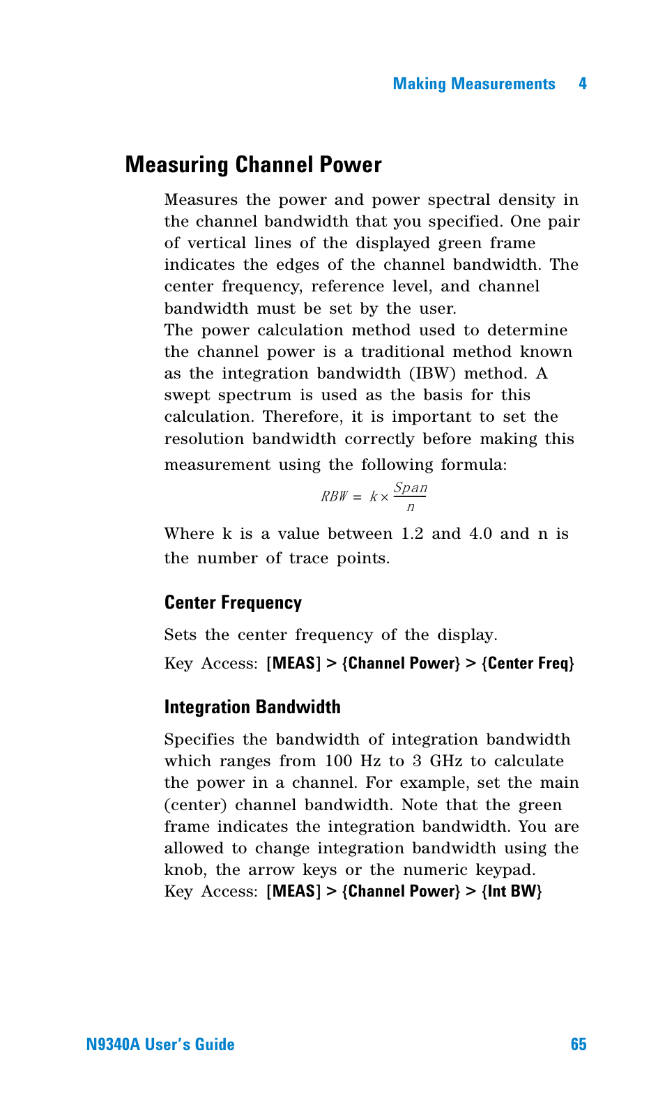 Measuring channel power, Center frequency, Integration bandwidth | Agilent Technologies N9340A User Manual | Page 67 / 161