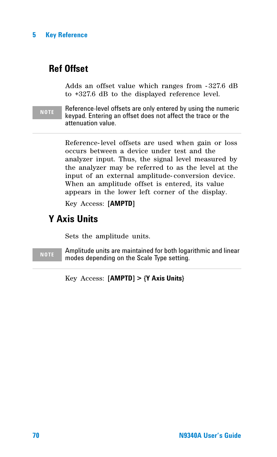 Ref offset, Y axis units | Agilent Technologies N9340A User Manual | Page 72 / 161