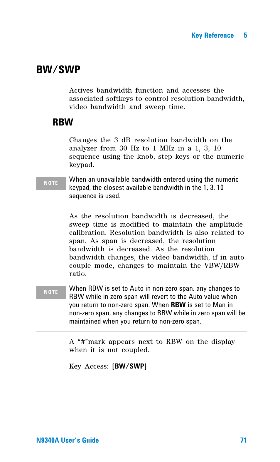 Bw/swp | Agilent Technologies N9340A User Manual | Page 73 / 161