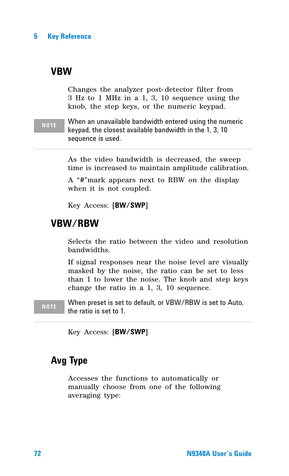Vbw/rbw, Avg type | Agilent Technologies N9340A User Manual | Page 74 / 161