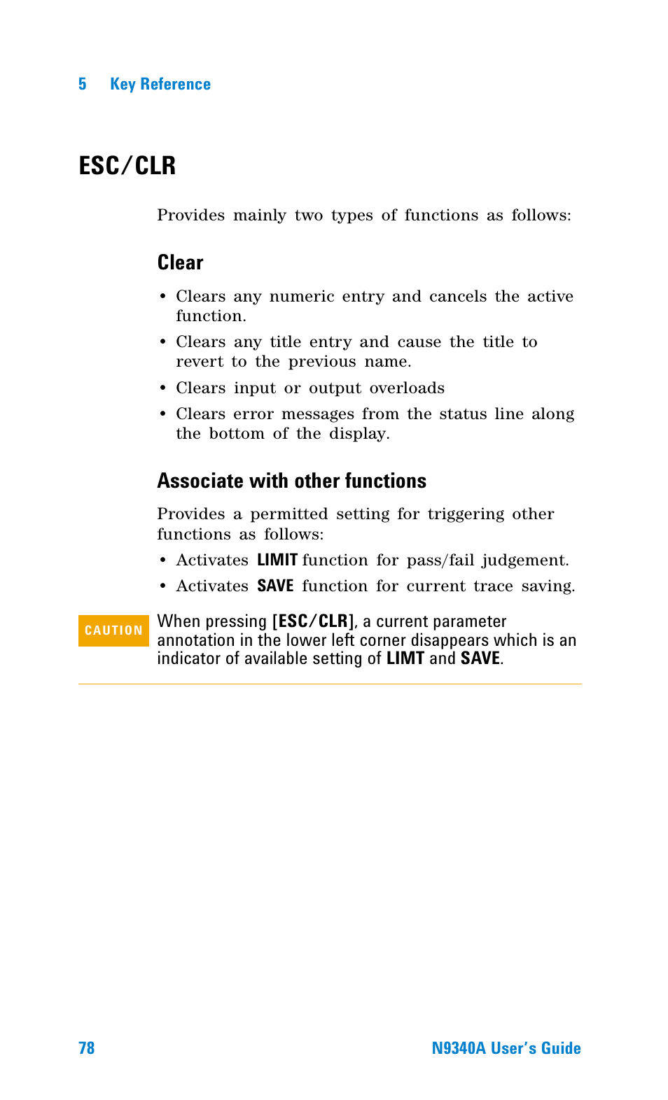 Esc/clr, Clear, Associate with other functions | Agilent Technologies N9340A User Manual | Page 80 / 161