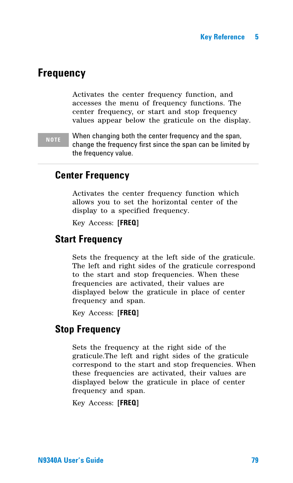 Frequency, Center frequency, Start frequency | Stop frequency | Agilent Technologies N9340A User Manual | Page 81 / 161