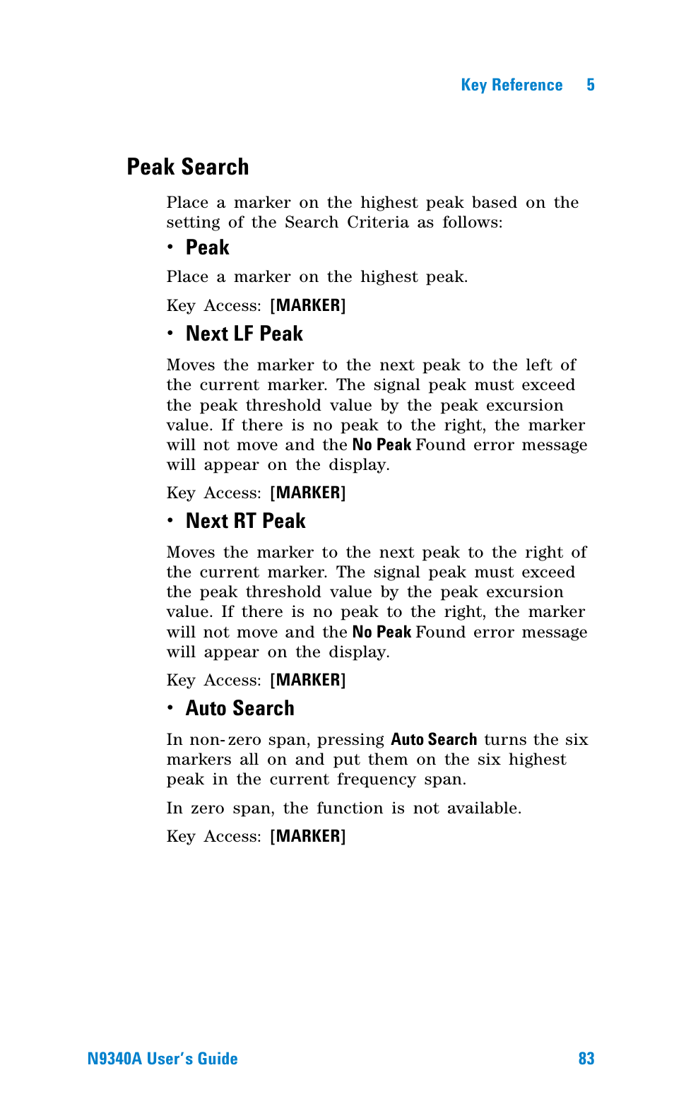 Peak search, Peak, Next lf peak | Next rt peak, Auto search | Agilent Technologies N9340A User Manual | Page 85 / 161