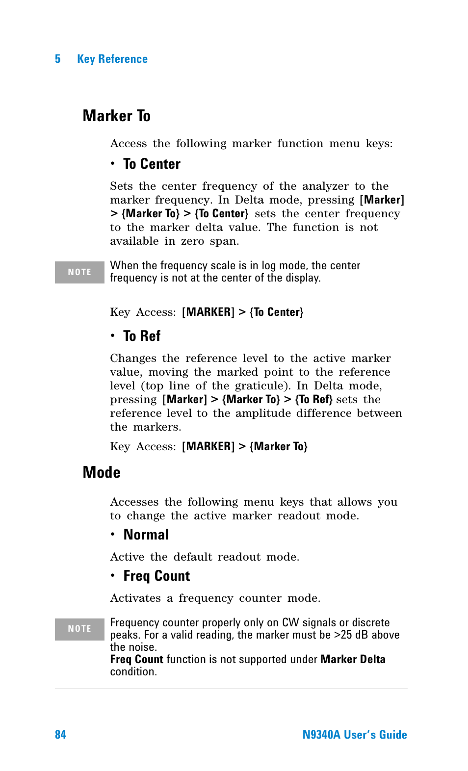 Marker to, Mode, Normal | Freq count | Agilent Technologies N9340A User Manual | Page 86 / 161