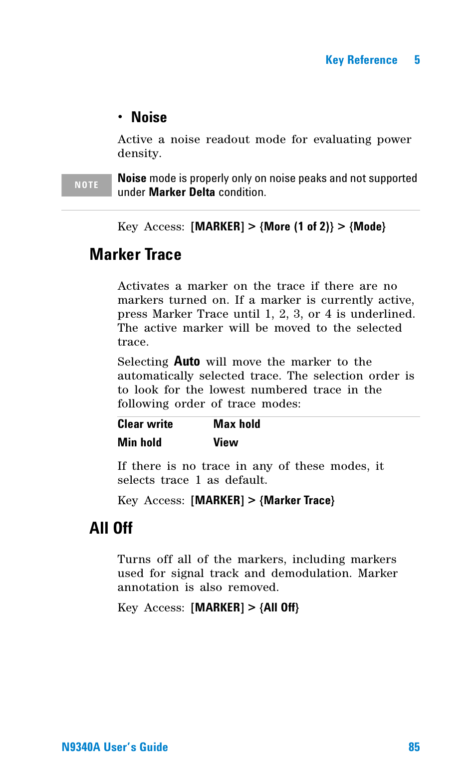 Marker trace, All off, Noise | Agilent Technologies N9340A User Manual | Page 87 / 161