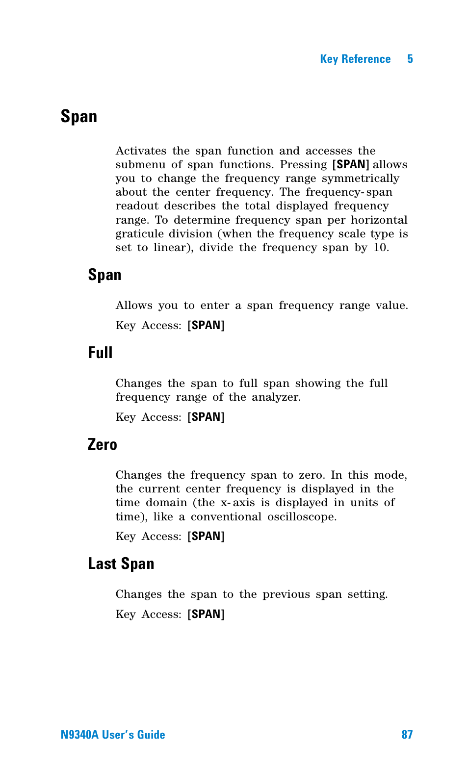 Span, Full, Zero | Last span | Agilent Technologies N9340A User Manual | Page 89 / 161
