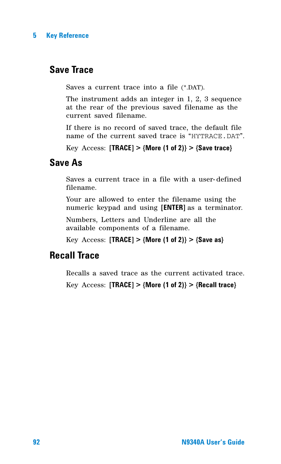 Save trace, Save as, Recall trace | Agilent Technologies N9340A User Manual | Page 94 / 161