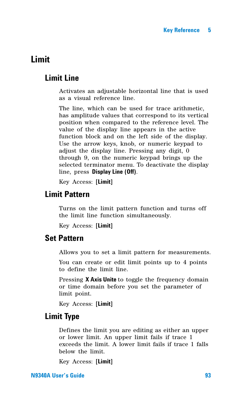 Limit, Limit line, Limit pattern | Set pattern, Limit type | Agilent Technologies N9340A User Manual | Page 95 / 161