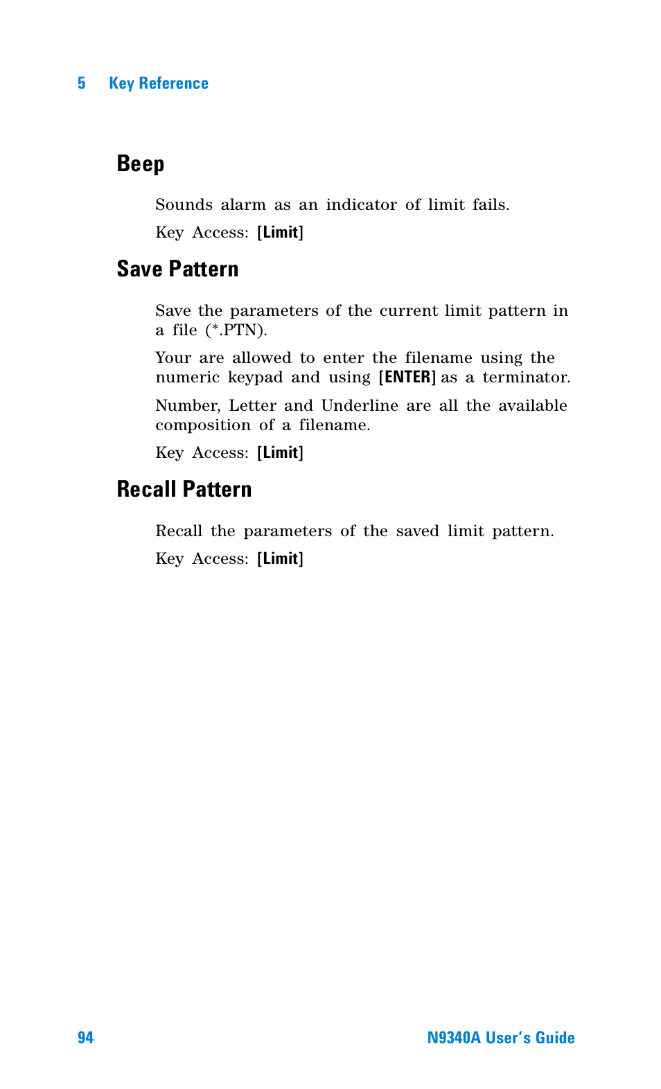 Beep, Save pattern, Recall pattern | Agilent Technologies N9340A User Manual | Page 96 / 161