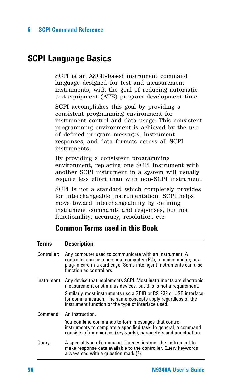 Scpi language basics, Common terms used in this book | Agilent Technologies N9340A User Manual | Page 98 / 161