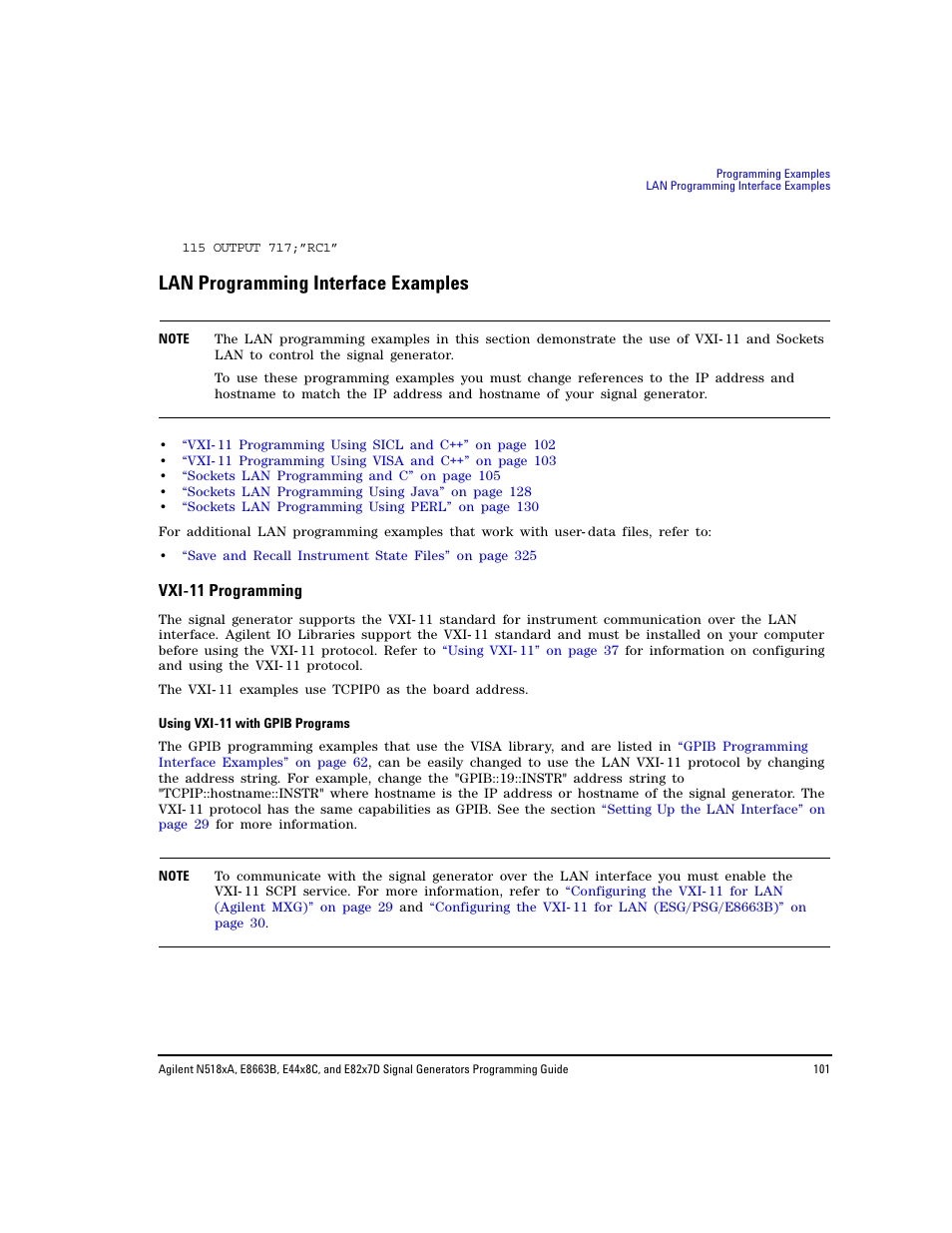 Lan programming interface examples, Vxi-11 programming, Vxi- 11 programming | Agilent Technologies N5183A MXG User Manual | Page 111 / 366