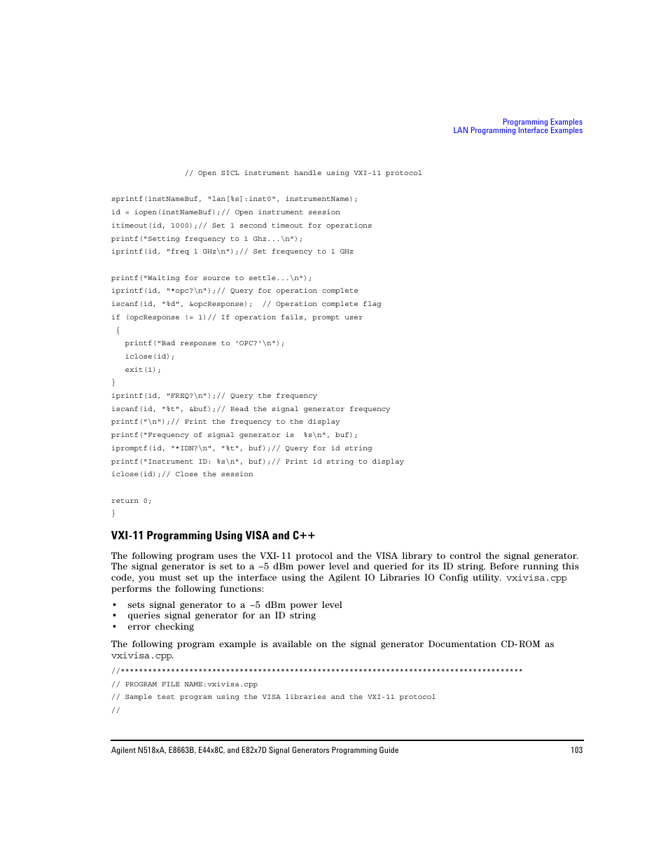 Vxi-11 programming using visa and c, Vxi- 11 programming using visa and c | Agilent Technologies N5183A MXG User Manual | Page 113 / 366