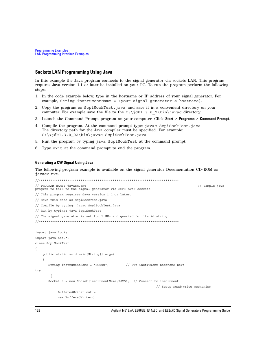 Sockets lan programming using java, Sockets lan programming | Agilent Technologies N5183A MXG User Manual | Page 138 / 366