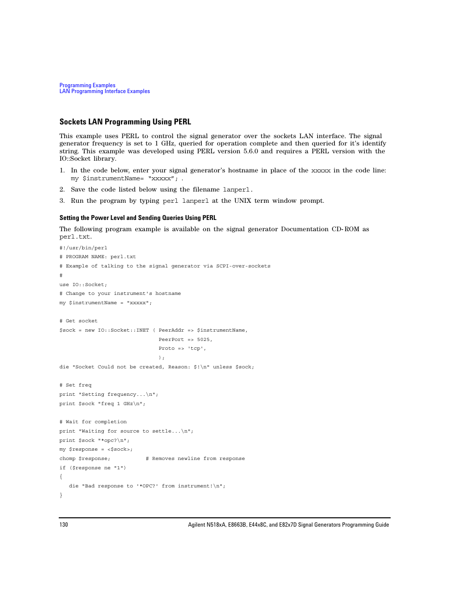 Sockets lan programming using perl | Agilent Technologies N5183A MXG User Manual | Page 140 / 366