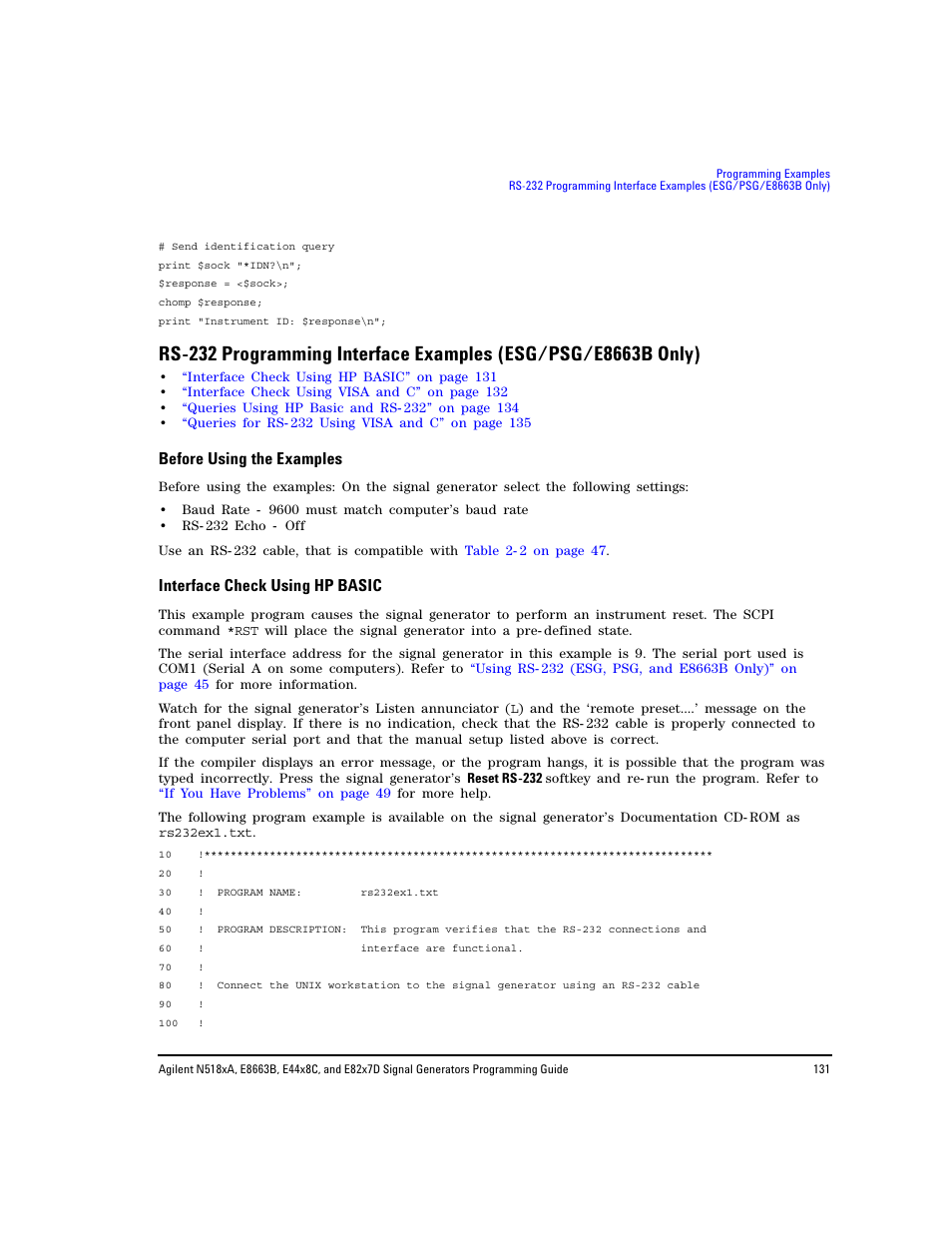 Before using the examples, Interface check using hp basic, Rs- 232 programming interface examples | Interface check using hp basic” on | Agilent Technologies N5183A MXG User Manual | Page 141 / 366