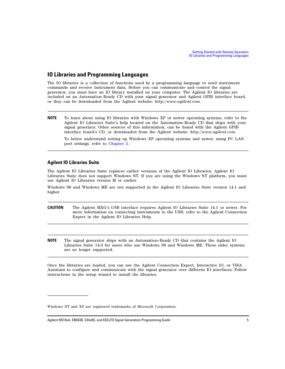 Io libraries and programming languages, Agilent io libraries suite | Agilent Technologies N5183A MXG User Manual | Page 15 / 366