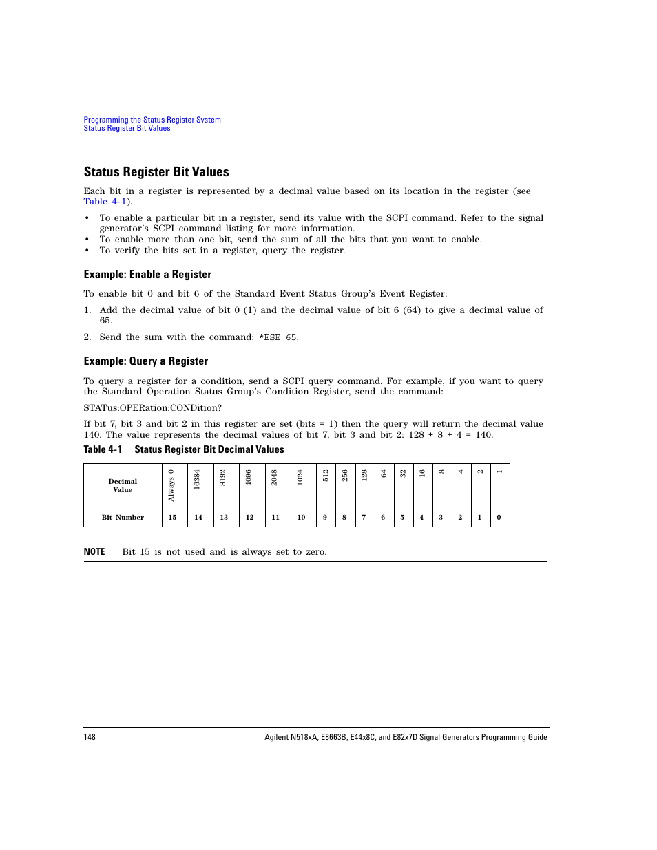 Status register bit values, Example: enable a register, Example: query a register | Table 4-1 status register bit decimal values | Agilent Technologies N5183A MXG User Manual | Page 158 / 366