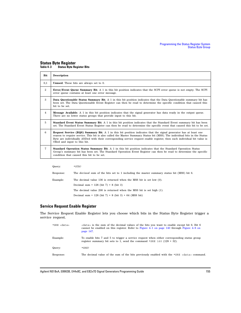 Status byte register, Service request enable register | Agilent Technologies N5183A MXG User Manual | Page 165 / 366