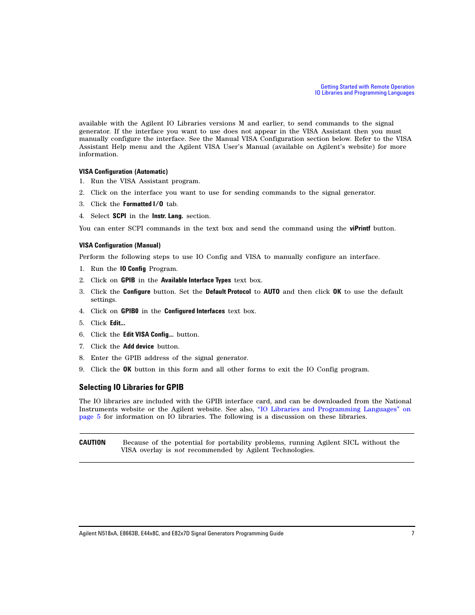 Selecting io libraries for gpib | Agilent Technologies N5183A MXG User Manual | Page 17 / 366
