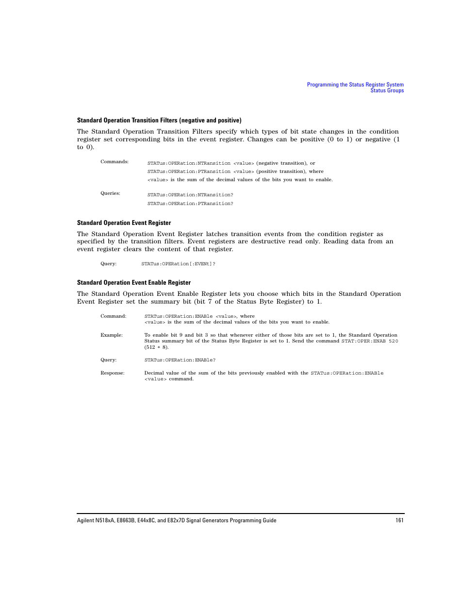 Standard operation, Transition filters (negative and positive), Standard operation event register | Standard, Operation event enable register | Agilent Technologies N5183A MXG User Manual | Page 171 / 366