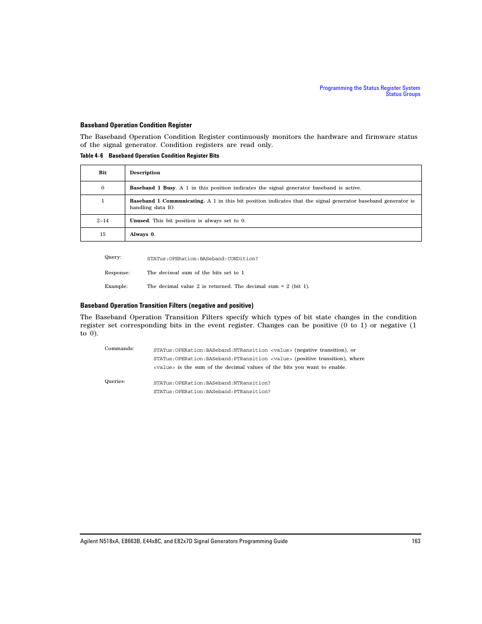Baseband operation condition register | Agilent Technologies N5183A MXG User Manual | Page 173 / 366