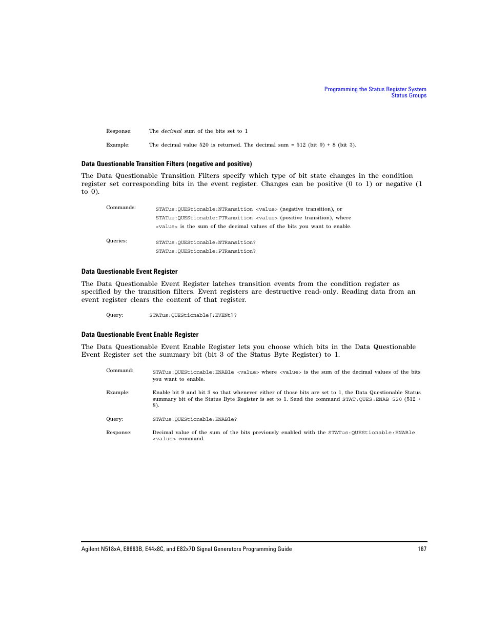 Data, Data questionable event register, Data questionable event enable register | Agilent Technologies N5183A MXG User Manual | Page 177 / 366