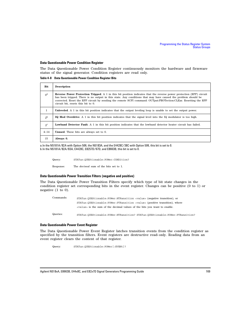 Data questionable power, Condition register, Data | Questionable power event register | Agilent Technologies N5183A MXG User Manual | Page 179 / 366