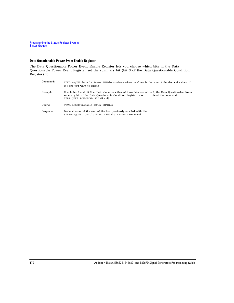 Data questionable power event enable register | Agilent Technologies N5183A MXG User Manual | Page 180 / 366