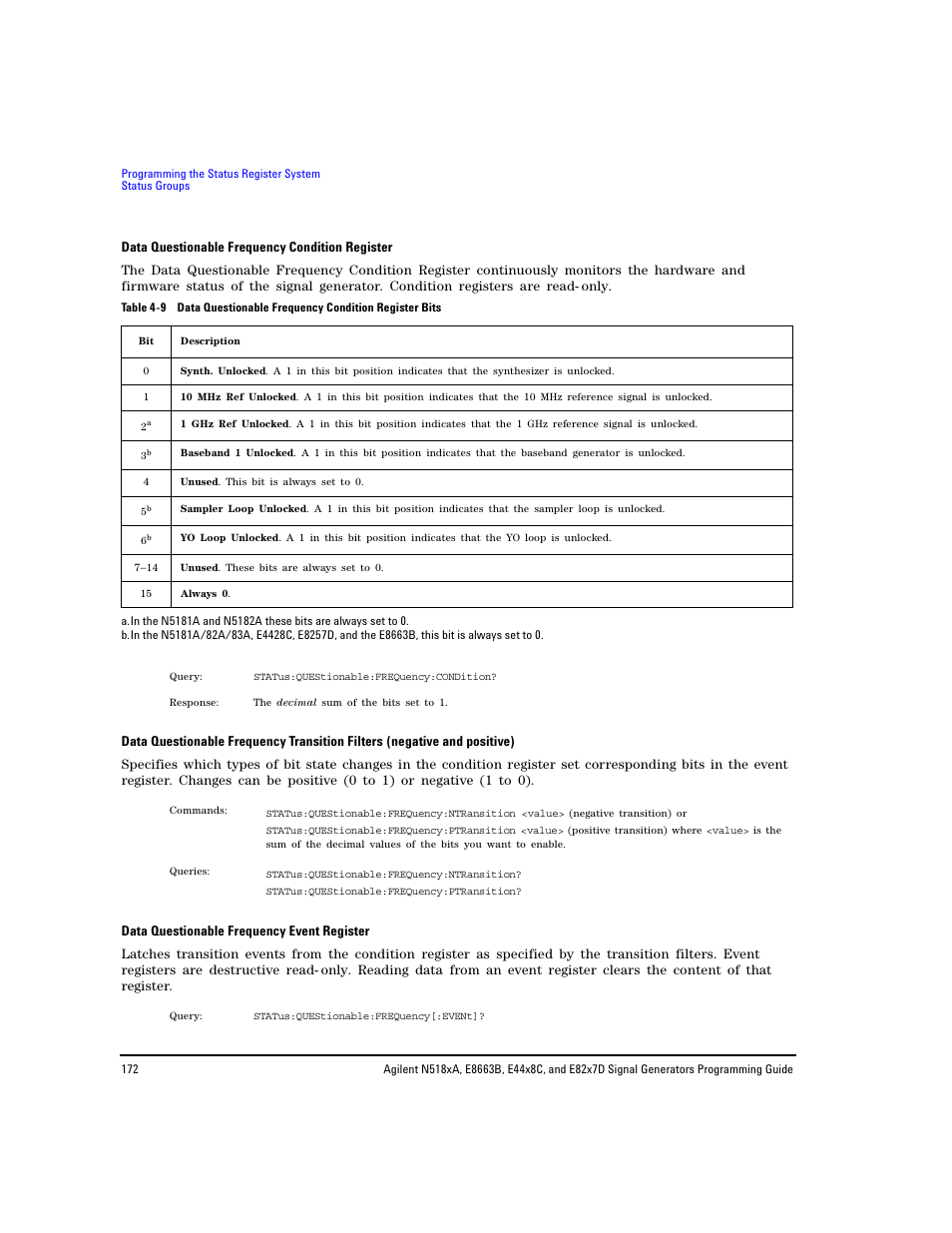 Data questionable frequency, Condition register, Data questionable frequency event register | Agilent Technologies N5183A MXG User Manual | Page 182 / 366