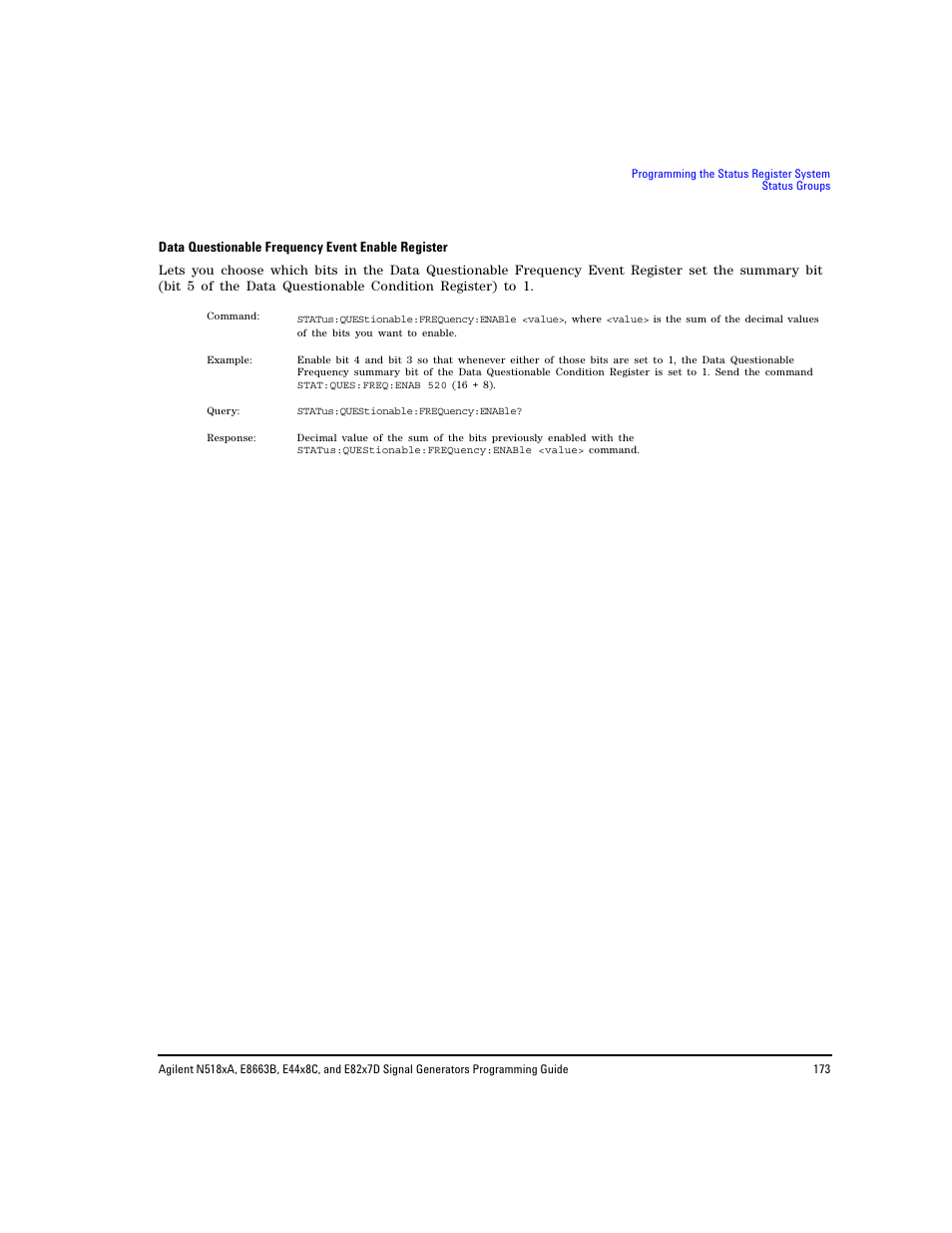 Data questionable frequency event enable, Register | Agilent Technologies N5183A MXG User Manual | Page 183 / 366