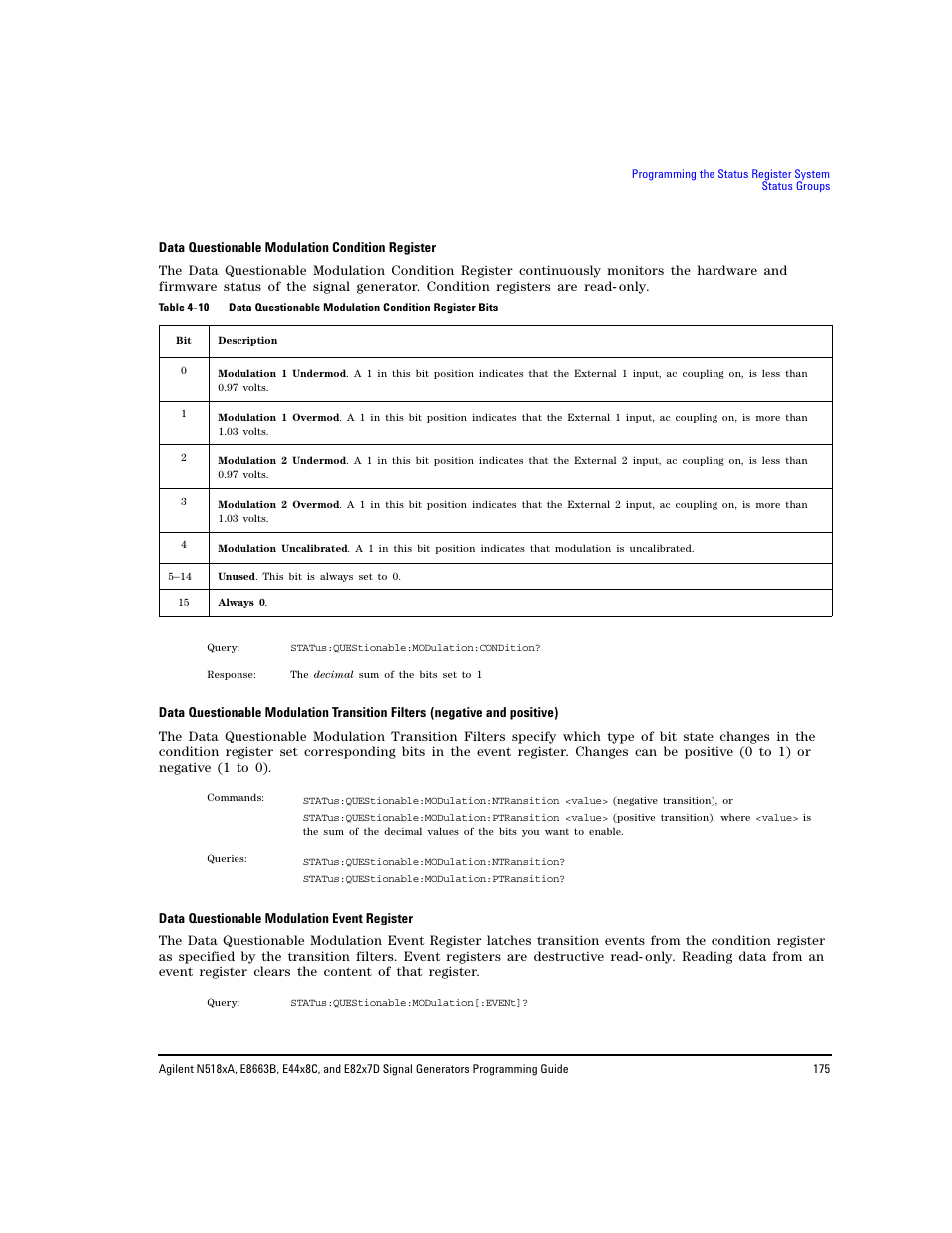 Data questionable modulation, Condition register, Data questionable modulation event register | Agilent Technologies N5183A MXG User Manual | Page 185 / 366