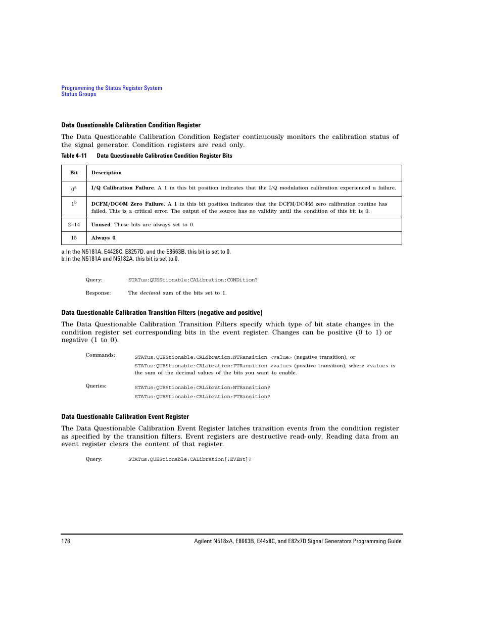 Eried. see, Data questionable calibration, Condition register | Data questionable calibration event register | Agilent Technologies N5183A MXG User Manual | Page 188 / 366