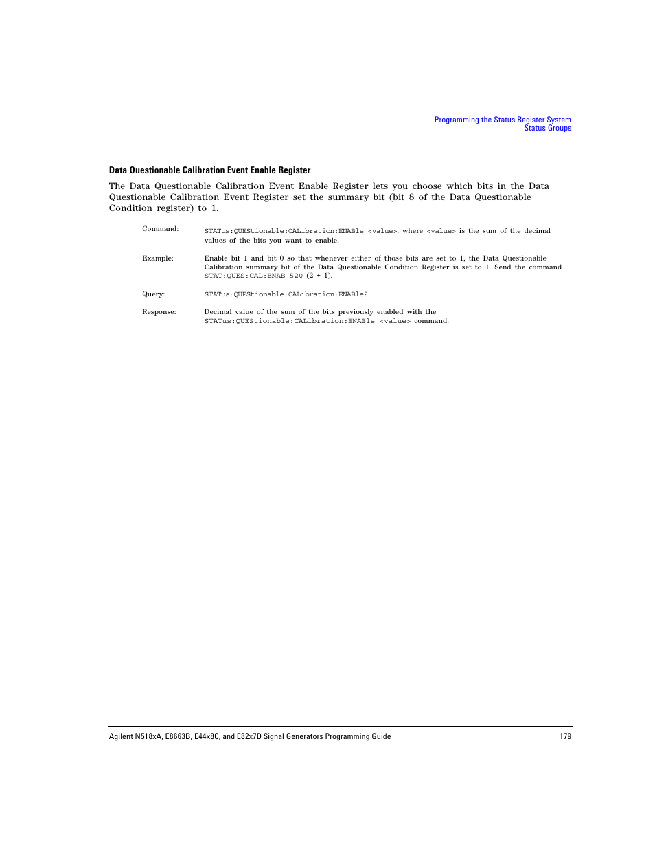 Data questionable calibration event enable, Register | Agilent Technologies N5183A MXG User Manual | Page 189 / 366